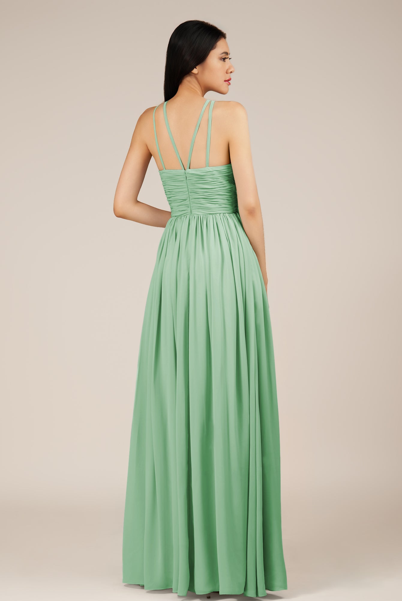 KissDress-Orinthia Pale Pistachio A Line Halter Neck Chiffon Long Bridesmaid Dress with Pleats