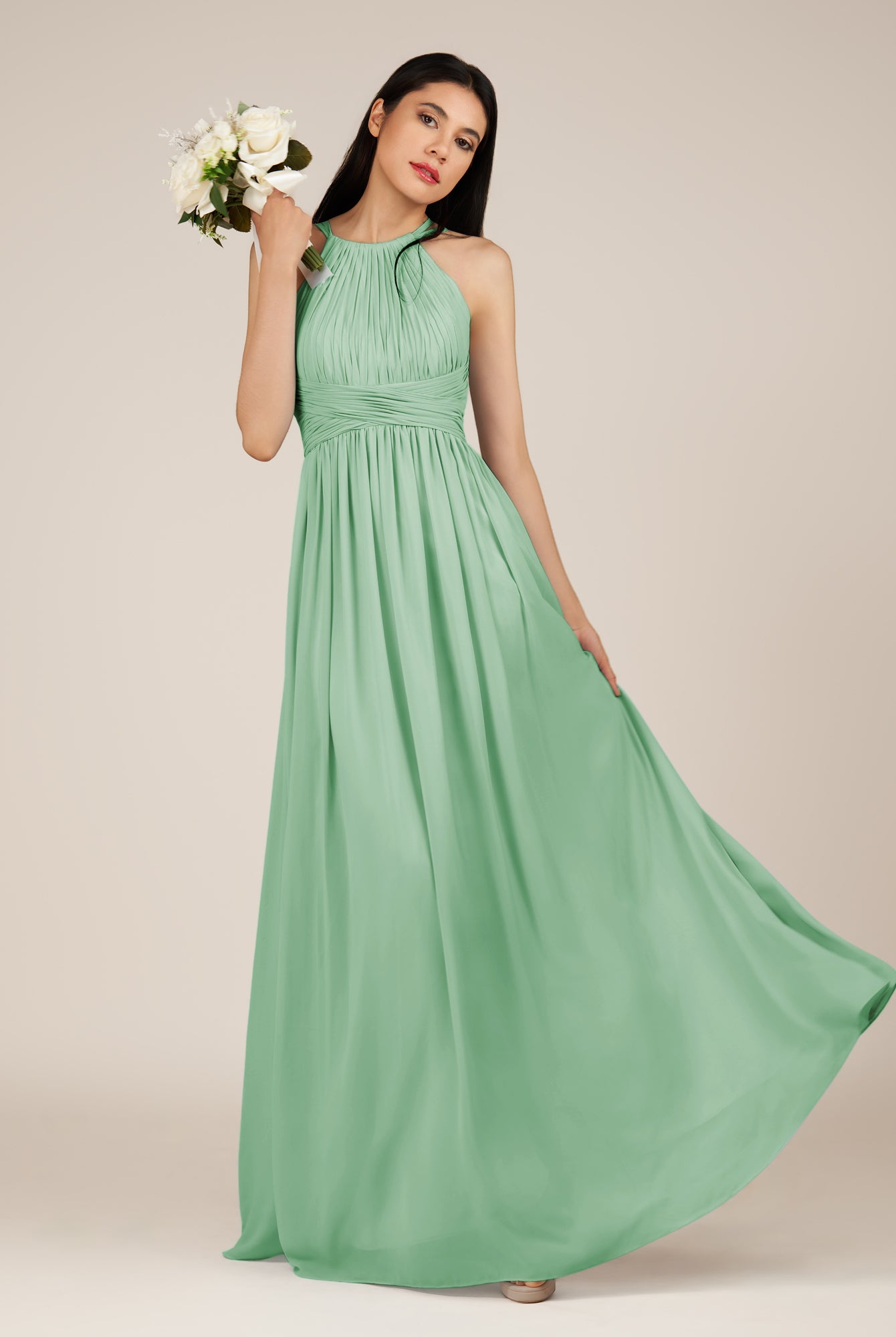 KissDress-Orinthia Pale Pistachio A Line Halter Neck Chiffon Long Bridesmaid Dress with Pleats