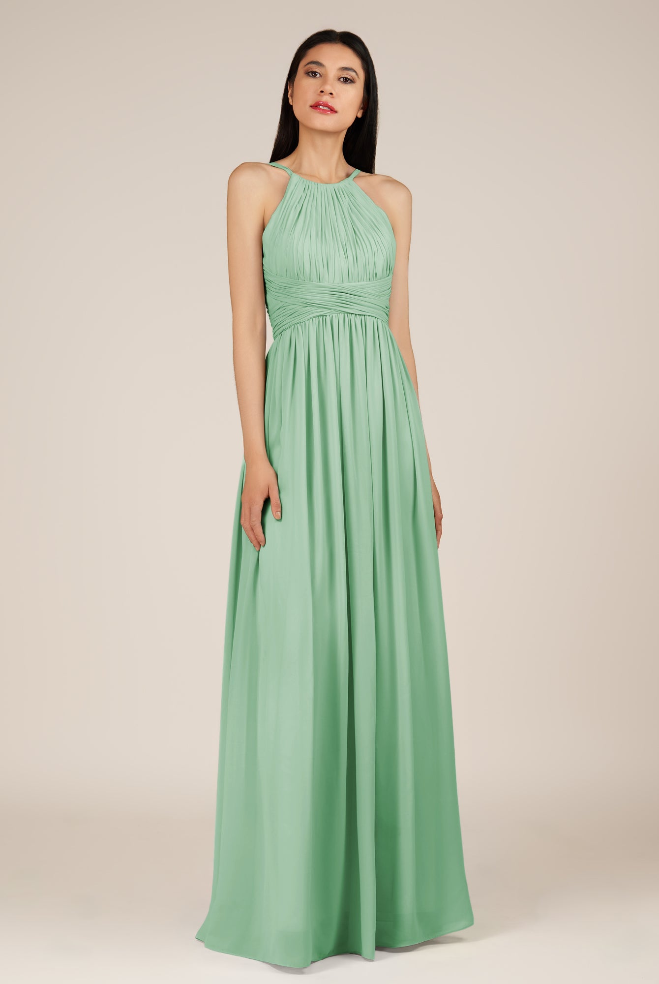 KissDress-Orinthia Pale Pistachio A Line Halter Neck Chiffon Long Bridesmaid Dress with Pleats