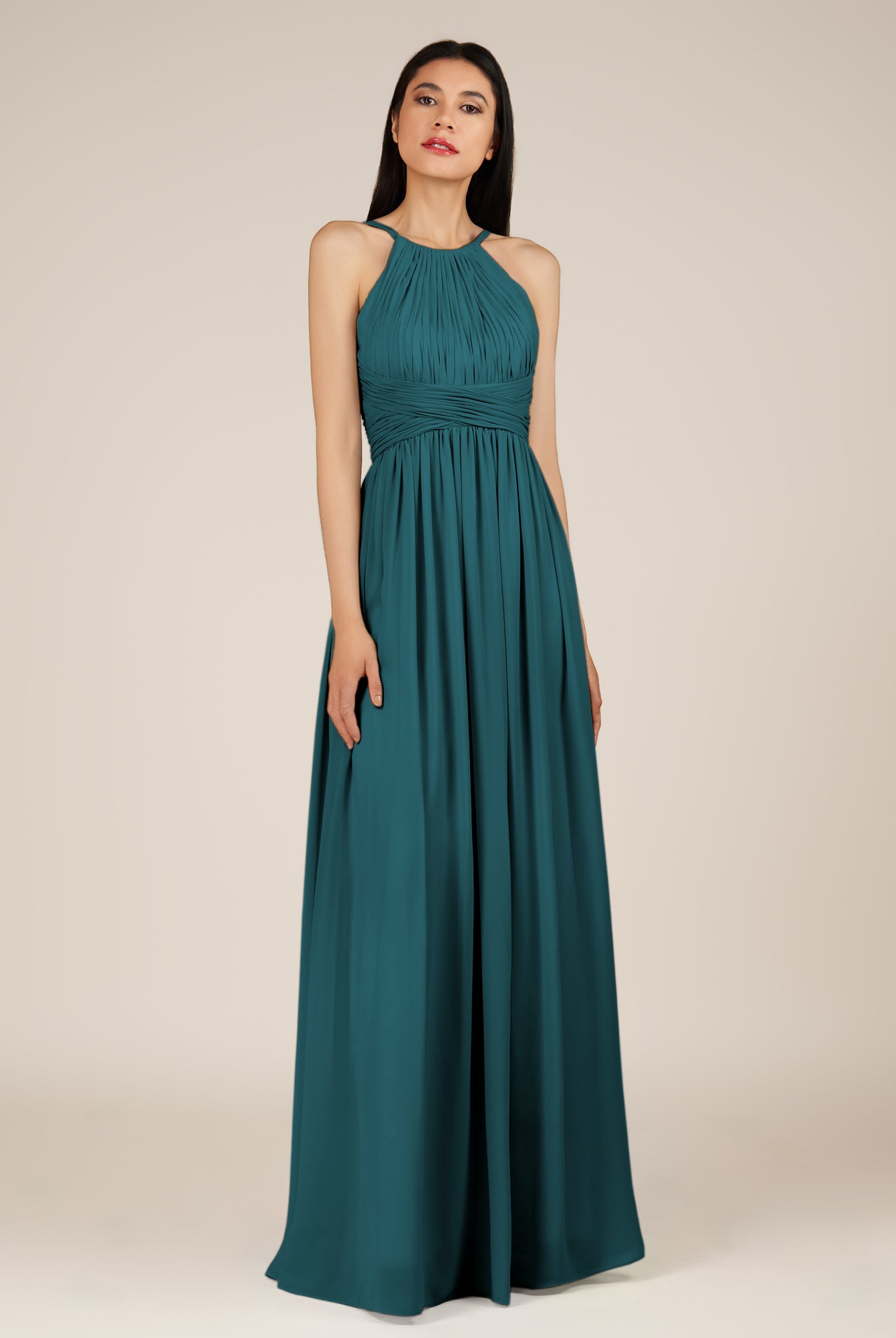 KissDress-Orinthia Pine A Line Halter Neck Chiffon Long Bridesmaid Dress with Pleats