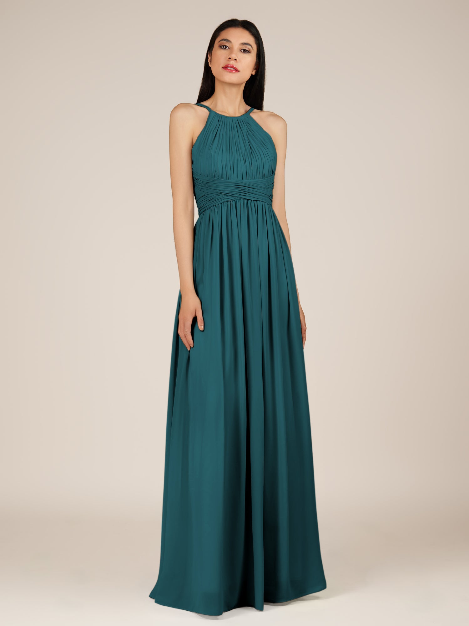 KissDress-Orinthia Pine A Line Halter Neck Chiffon Long Bridesmaid Dress with Pleats