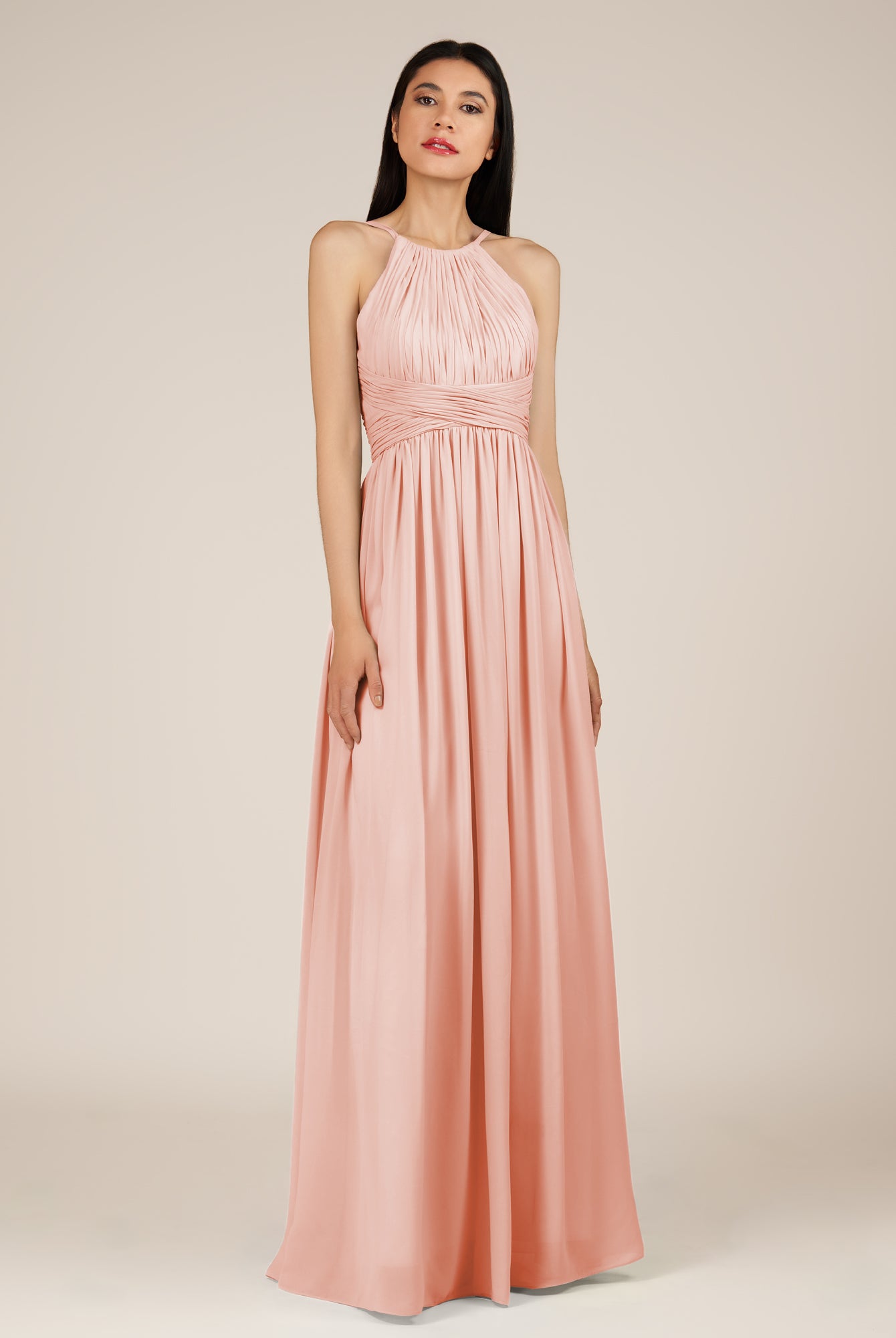 KissDress-Orinthia Rose Petal A Line Halter Neck Chiffon Long Bridesmaid Dress with Pleats