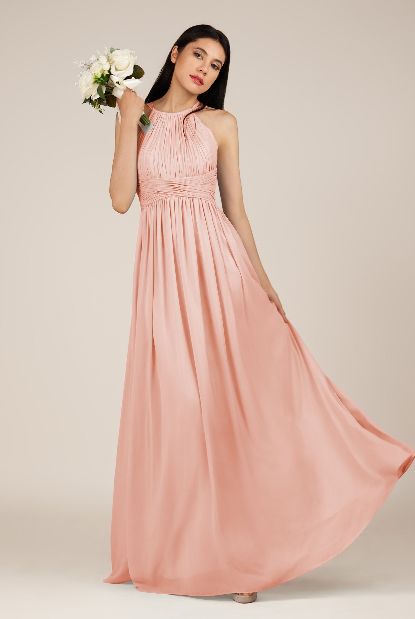 KissDress-Orinthia Rose Petal A Line Halter Neck Chiffon Long Bridesmaid Dress with Pleats