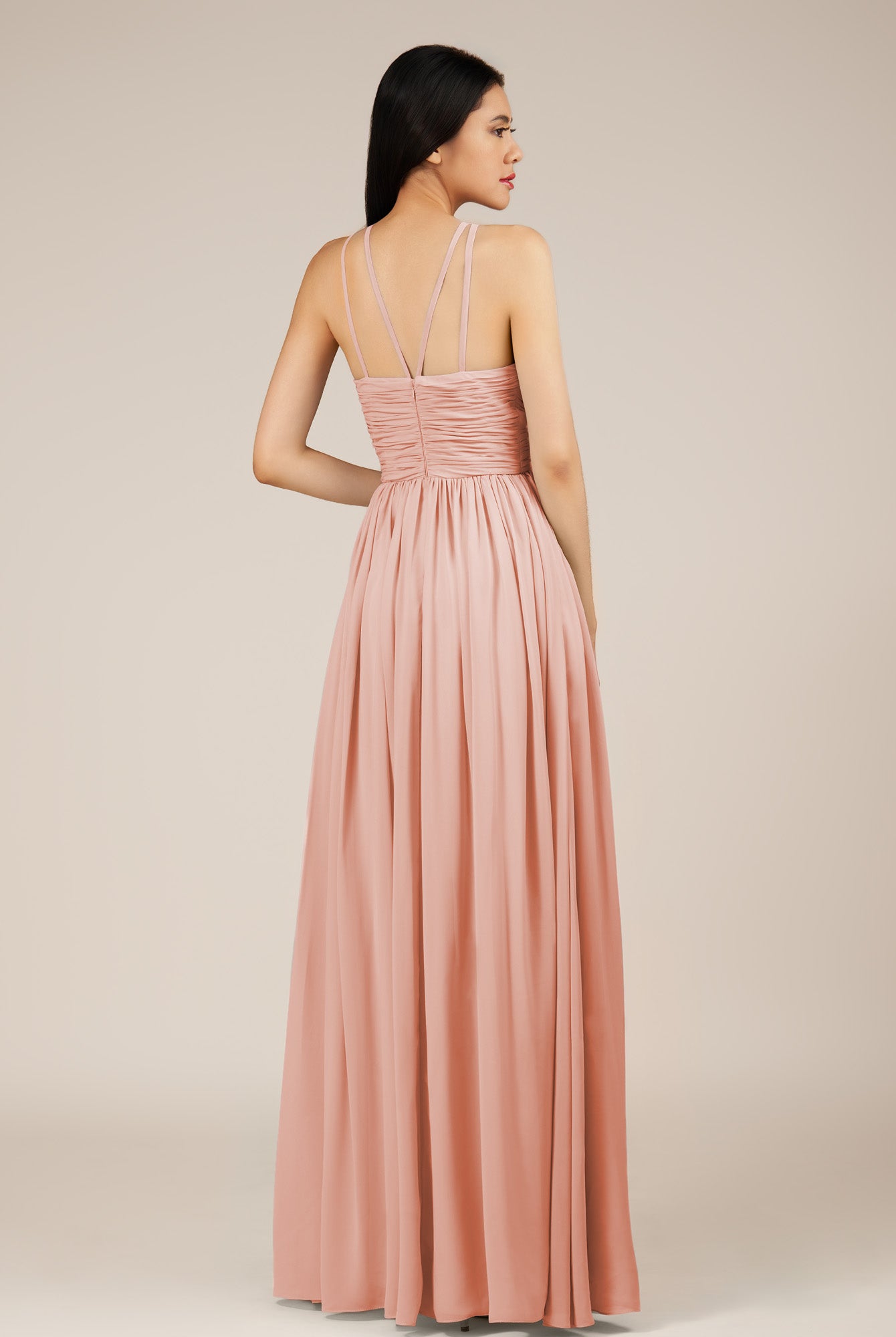 KissDress-Orinthia Rose Petal A Line Halter Neck Chiffon Long Bridesmaid Dress with Pleats