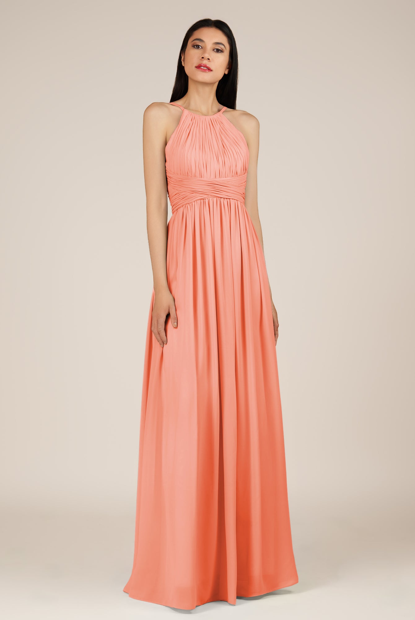 KissDress-Orinthia Rosette A Line Halter Neck Chiffon Long Bridesmaid Dress with Pleats