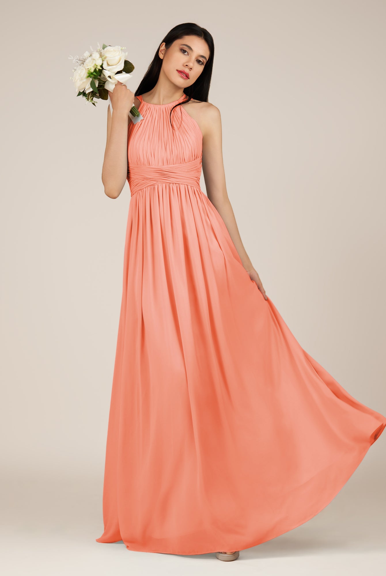 KissDress-Orinthia Rosette A Line Halter Neck Chiffon Long Bridesmaid Dress with Pleats
