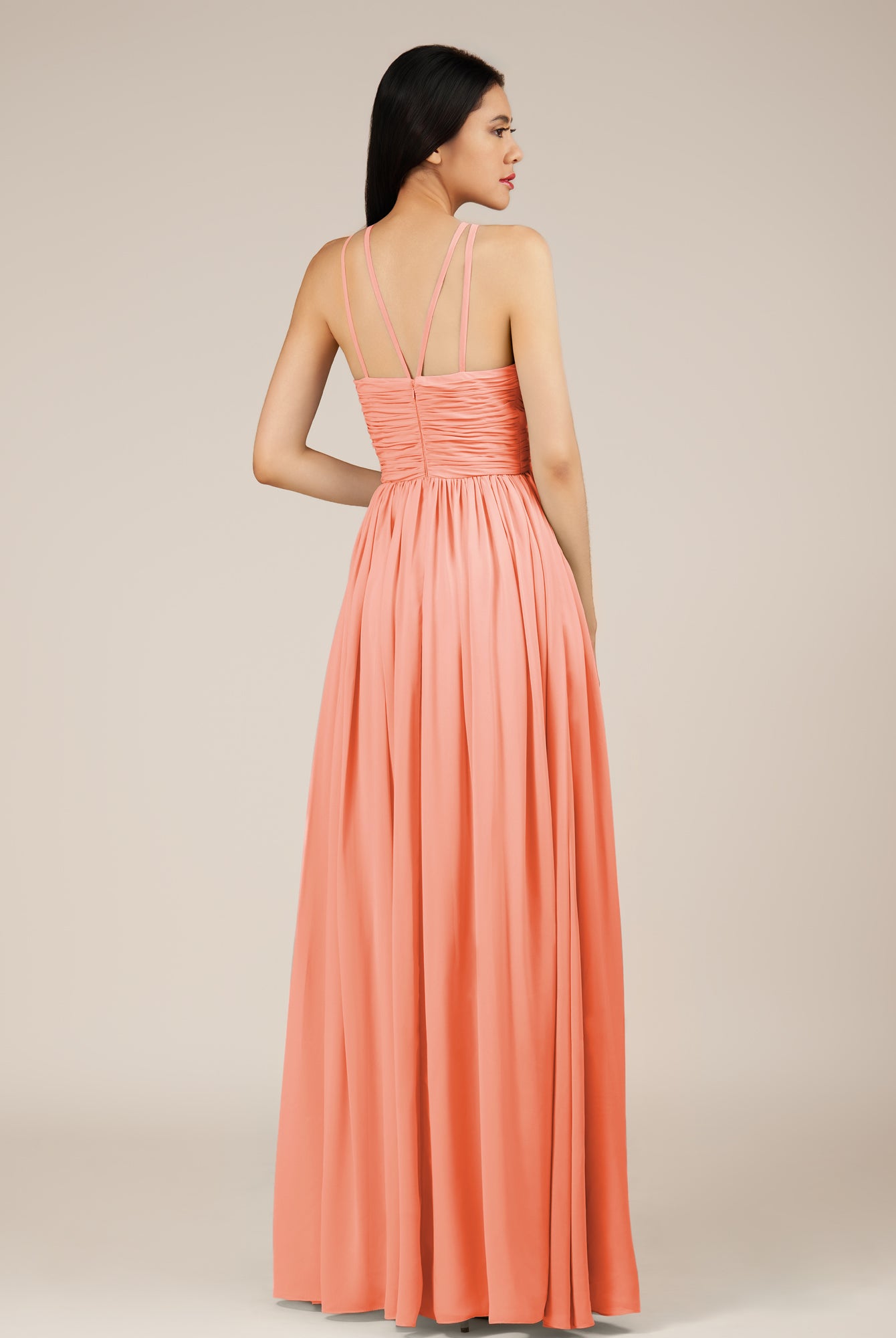KissDress-Orinthia Rosette A Line Halter Neck Chiffon Long Bridesmaid Dress with Pleats