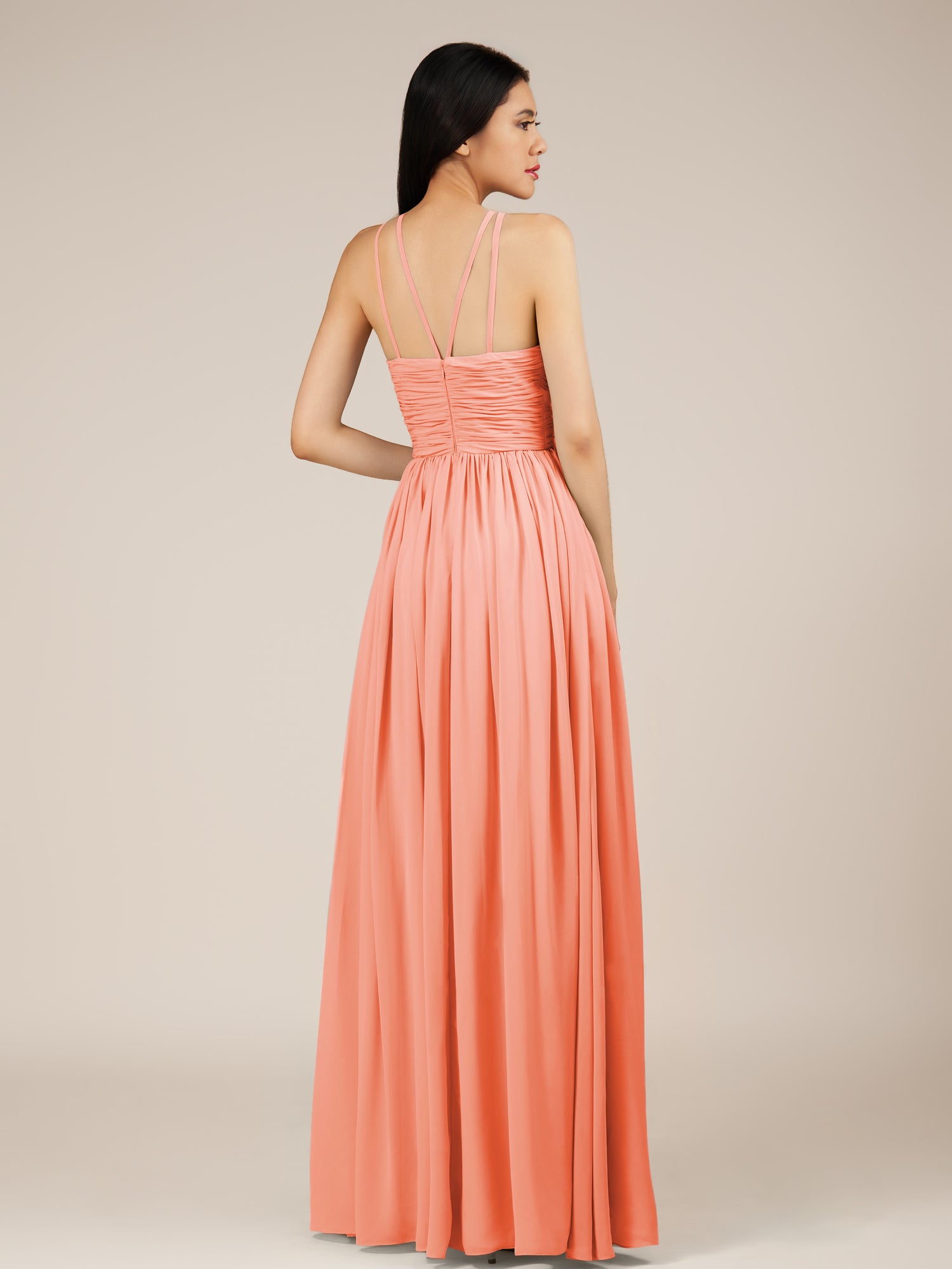KissDress-Orinthia Rosette A Line Halter Neck Chiffon Long Bridesmaid Dress with Pleats