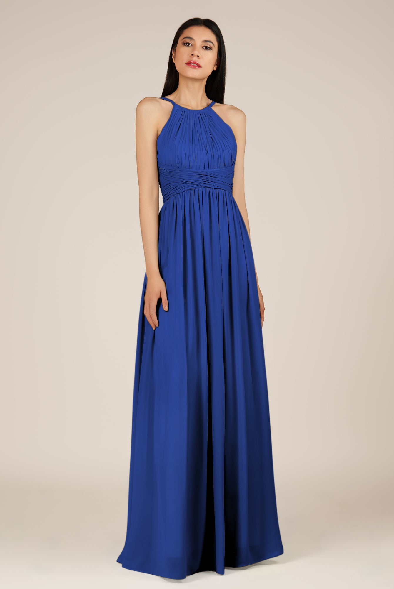 KissDress-Orinthia Royal Blue A Line Halter Neck Chiffon Long Bridesmaid Dress with Pleats