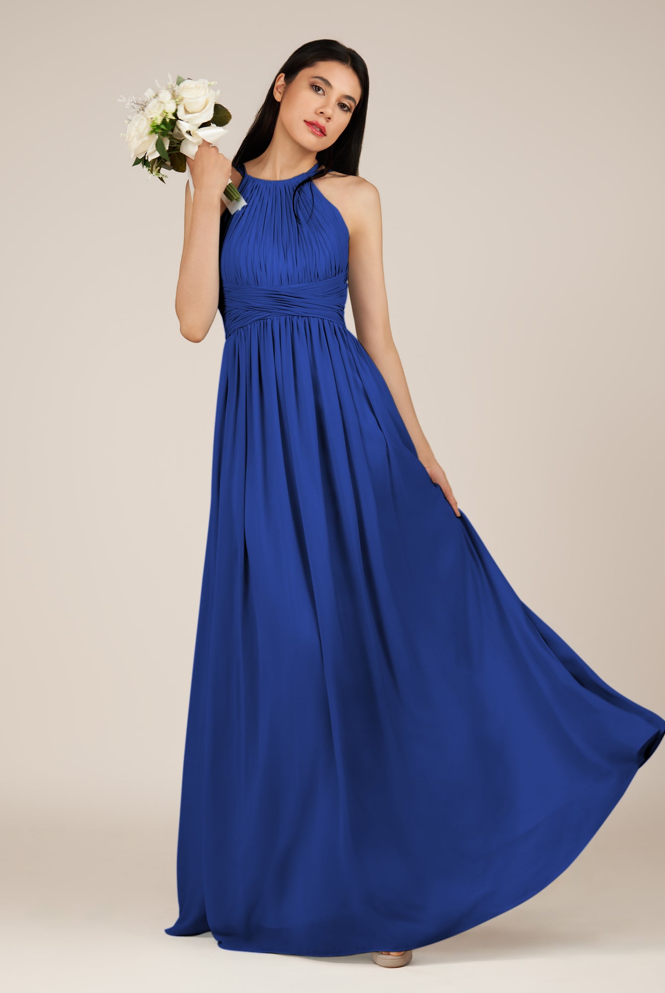 KissDress-Orinthia Royal Blue A Line Halter Neck Chiffon Long Bridesmaid Dress with Pleats