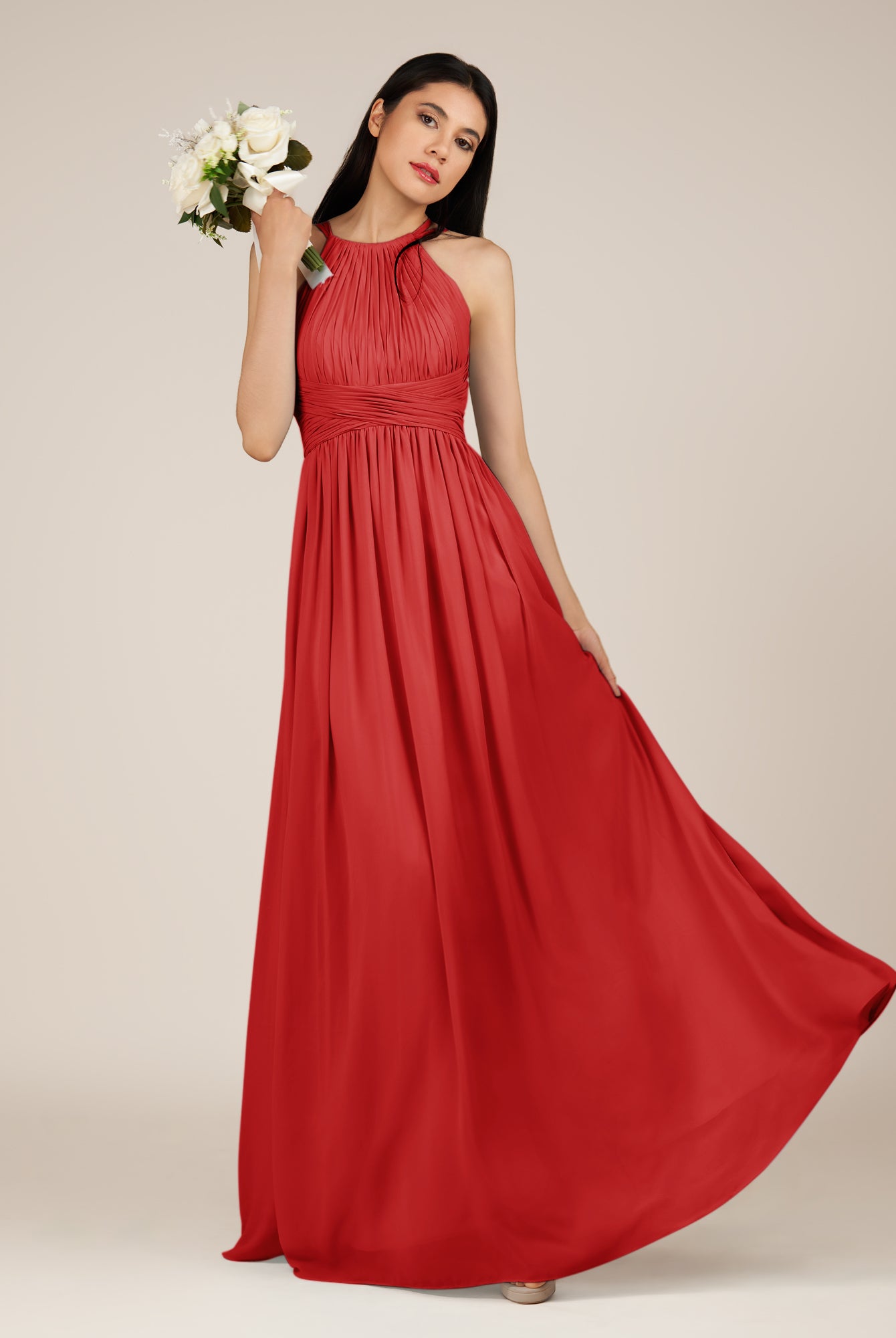 KissDress-Orinthia Ruby Red A Line Halter Neck Chiffon Long Bridesmaid Dress with Pleats