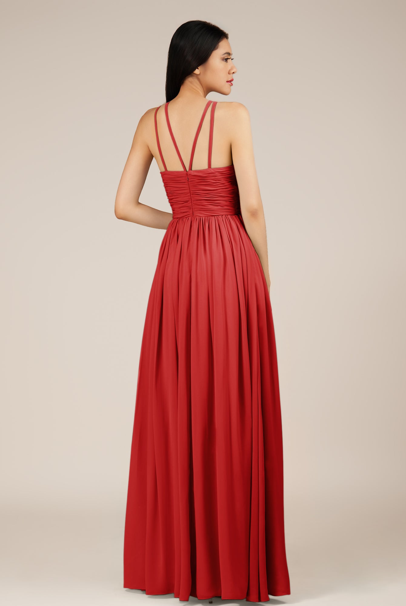 KissDress-Orinthia Ruby Red A Line Halter Neck Chiffon Long Bridesmaid Dress with Pleats