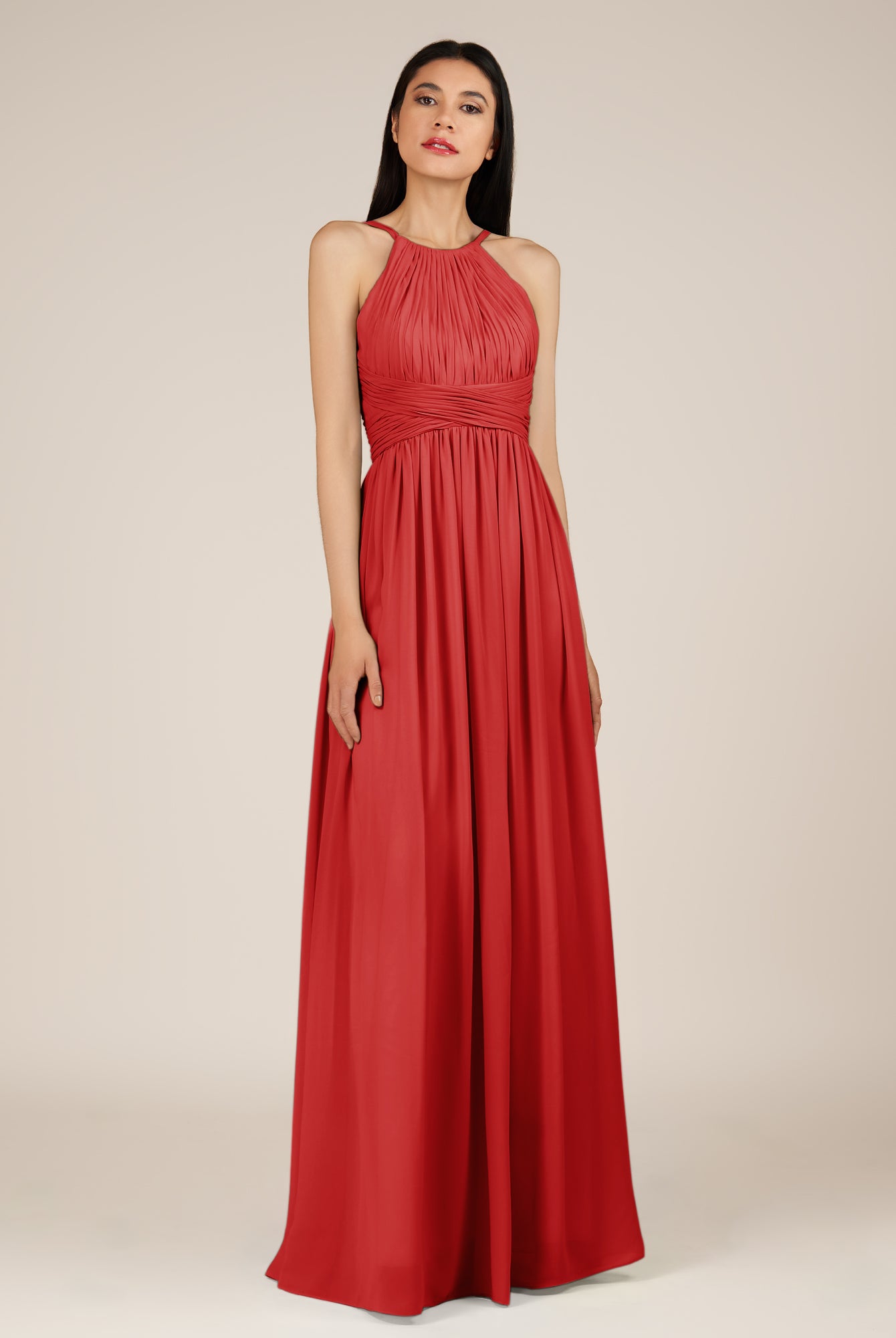 KissDress-Orinthia Ruby Red A Line Halter Neck Chiffon Long Bridesmaid Dress with Pleats
