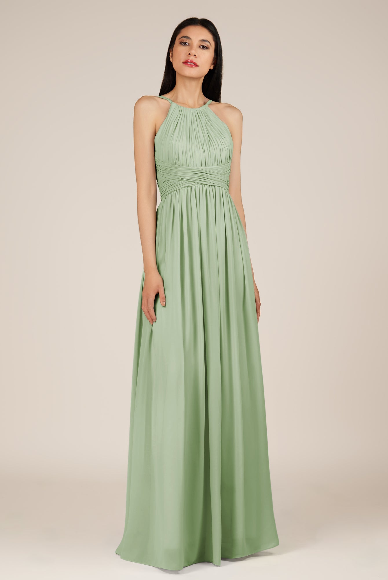 KissDress-Orinthia Sage A Line Halter Neck Chiffon Long Bridesmaid Dress with Pleats