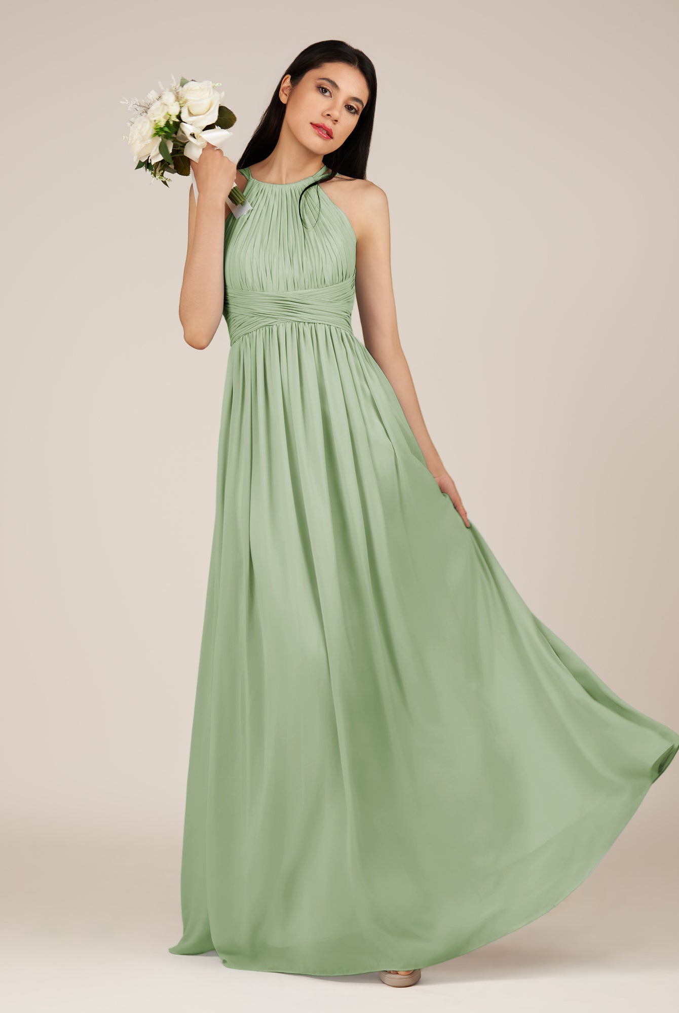 KissDress-Orinthia Sage A Line Halter Neck Chiffon Long Bridesmaid Dress with Pleats