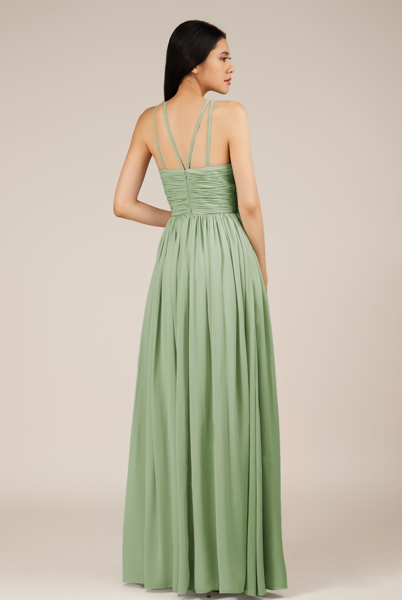 KissDress-Orinthia Sage A Line Halter Neck Chiffon Long Bridesmaid Dress with Pleats