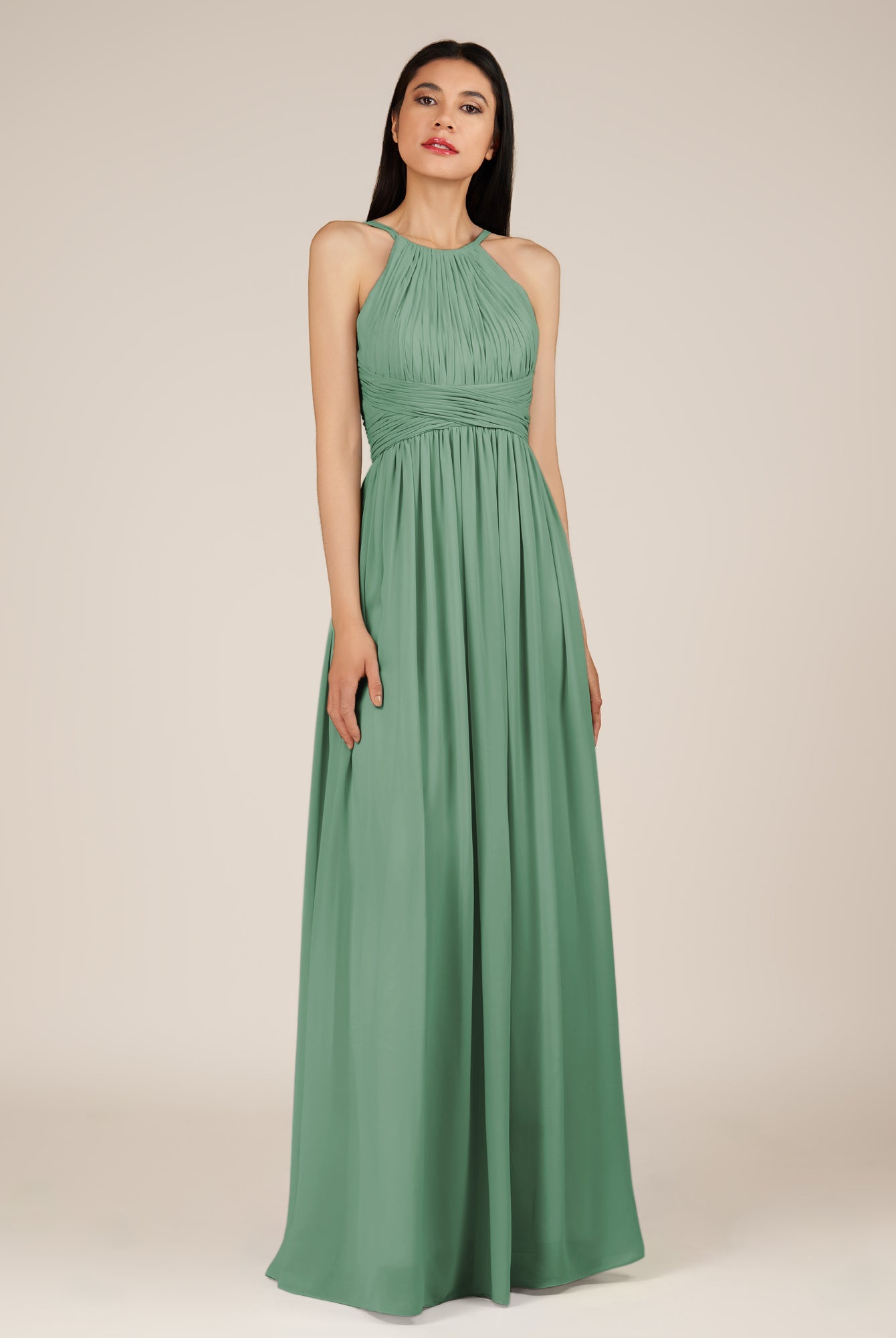KissDress-Orinthia Sea Glass A Line Halter Neck Chiffon Long Bridesmaid Dress with Pleats