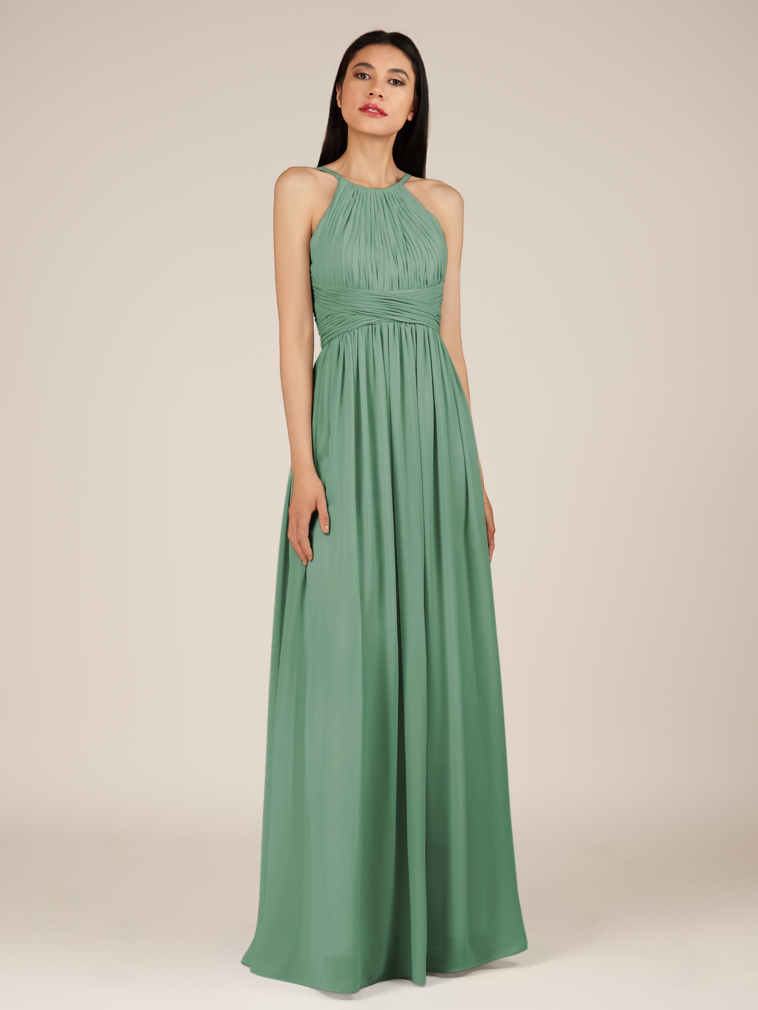 KissDress-Orinthia Sea Glass A Line Halter Neck Chiffon Long Bridesmaid Dress with Pleats