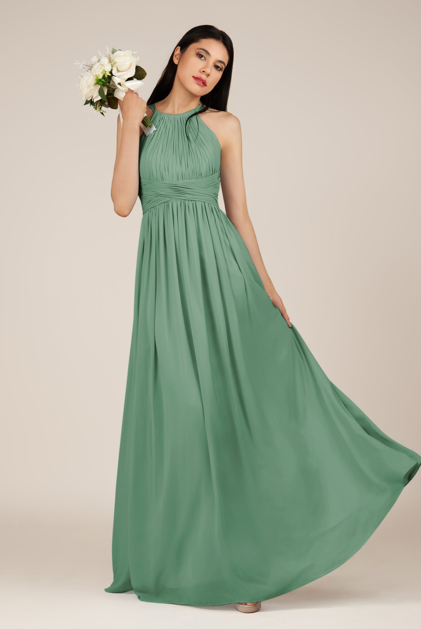 KissDress-Orinthia Sea Glass A Line Halter Neck Chiffon Long Bridesmaid Dress with Pleats