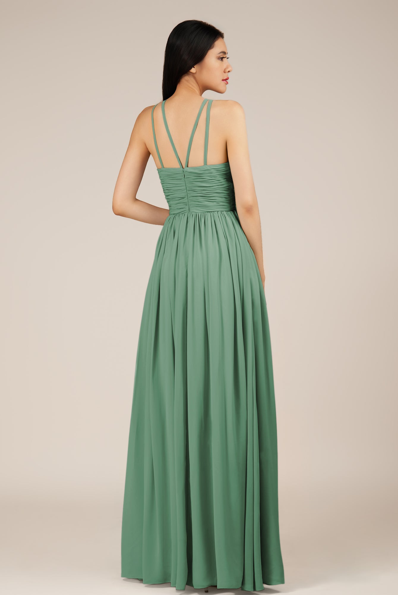 KissDress-Orinthia Sea Glass A Line Halter Neck Chiffon Long Bridesmaid Dress with Pleats
