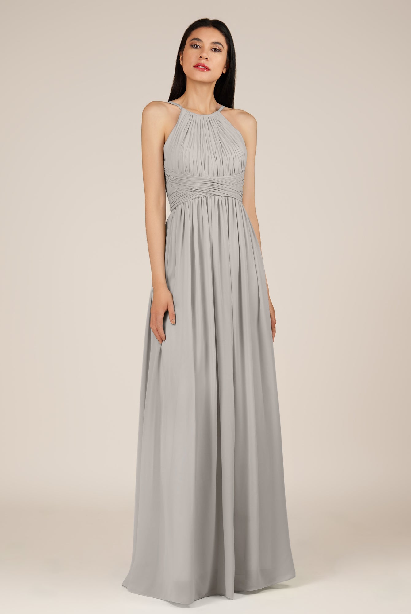 KissDress-Orinthia Silver A Line Halter Neck Chiffon Long Bridesmaid Dress with Pleats