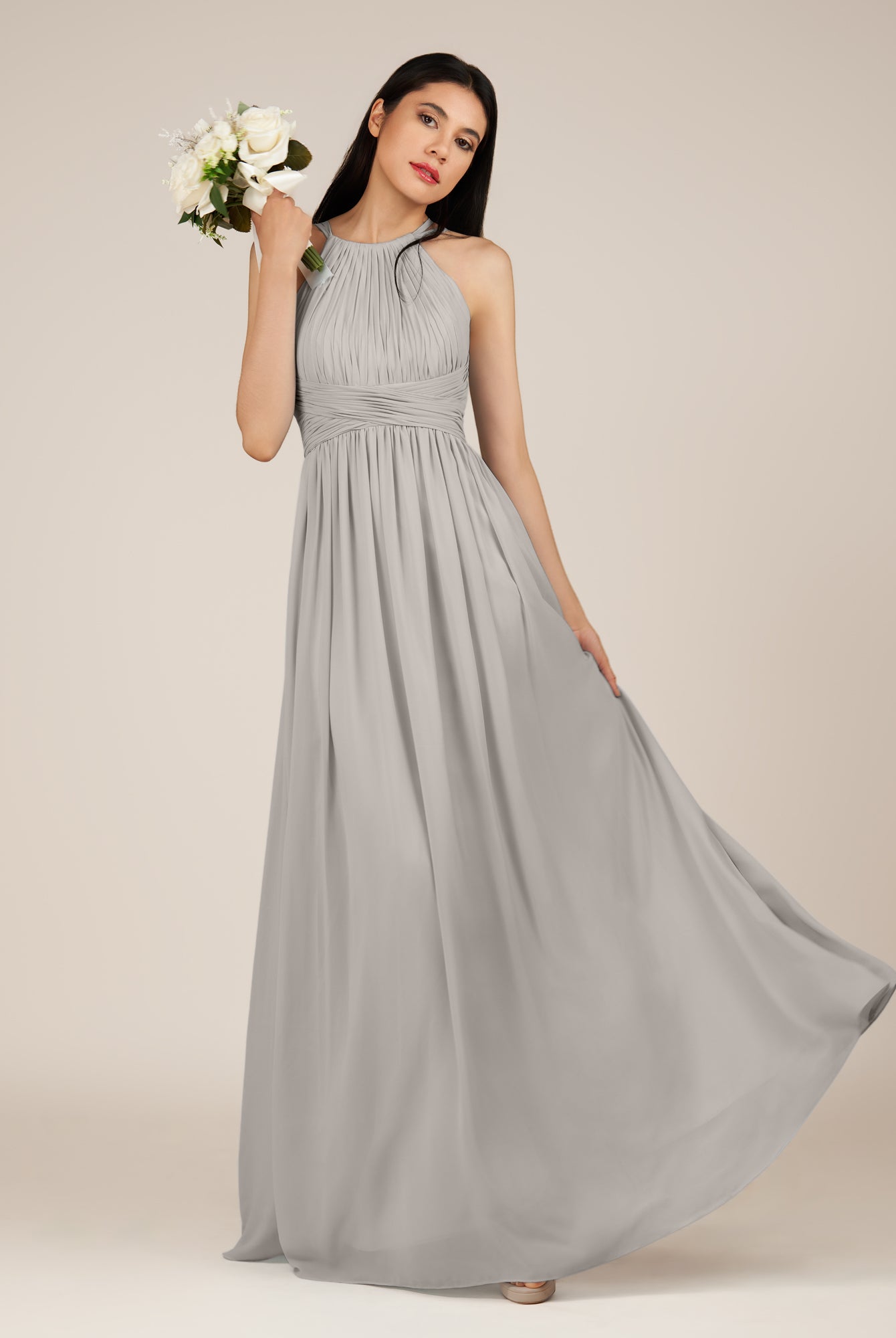 KissDress-Orinthia Silver A Line Halter Neck Chiffon Long Bridesmaid Dress with Pleats
