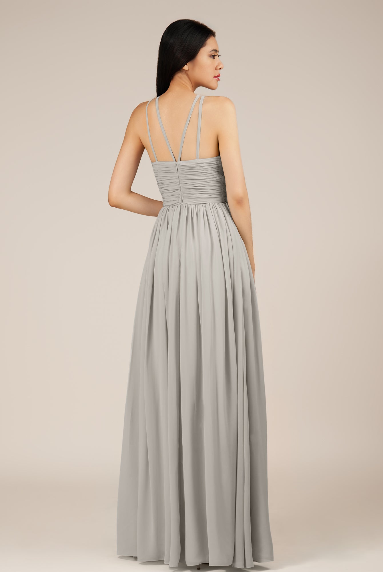 KissDress-Orinthia Silver A Line Halter Neck Chiffon Long Bridesmaid Dress with Pleats