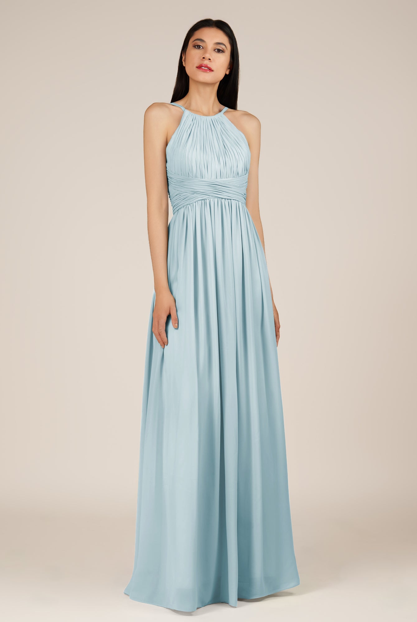 KissDress-Orinthia Sky Blue A Line Halter Neck Chiffon Long Bridesmaid Dress with Pleats