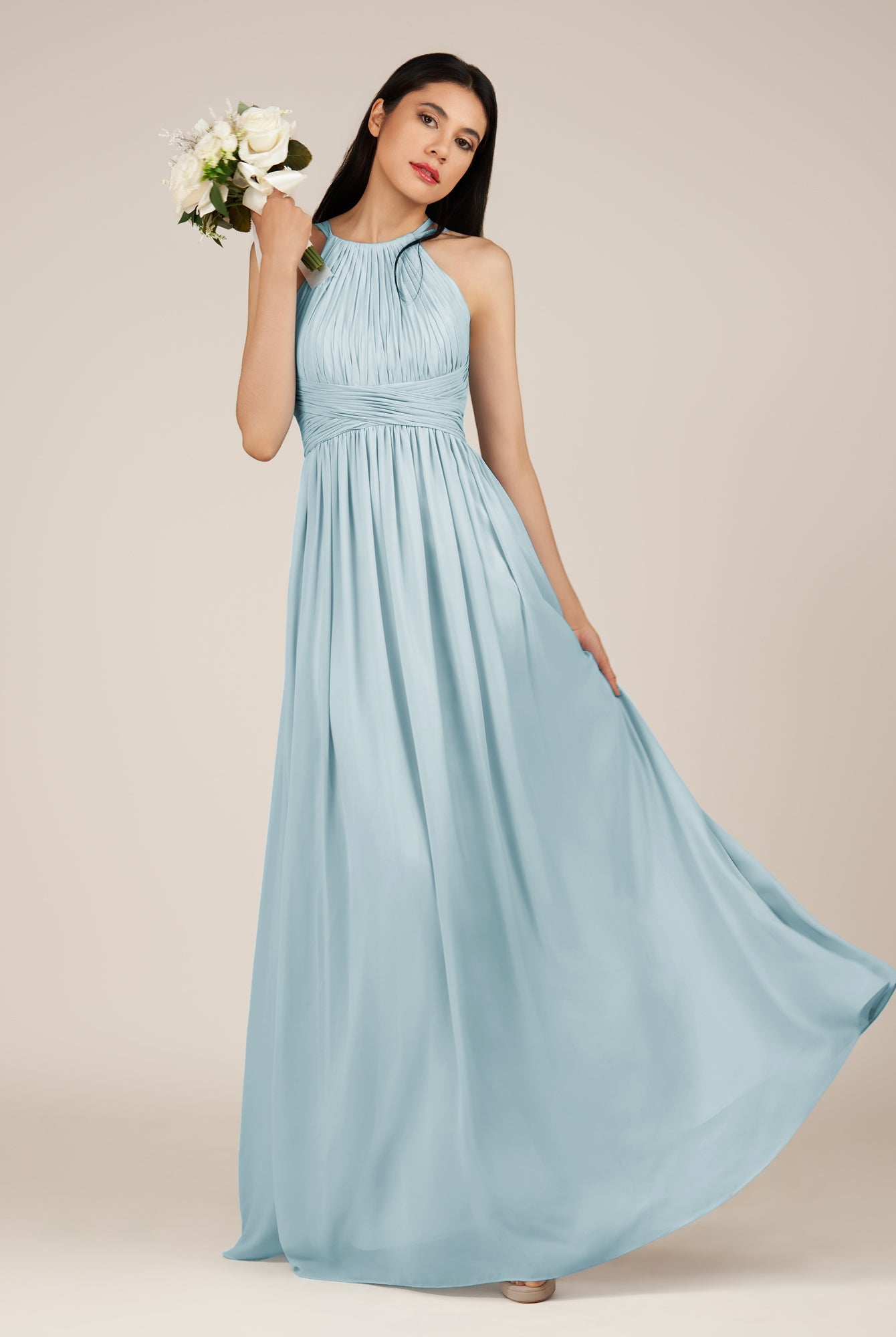 KissDress-Orinthia Sky Blue A Line Halter Neck Chiffon Long Bridesmaid Dress with Pleats