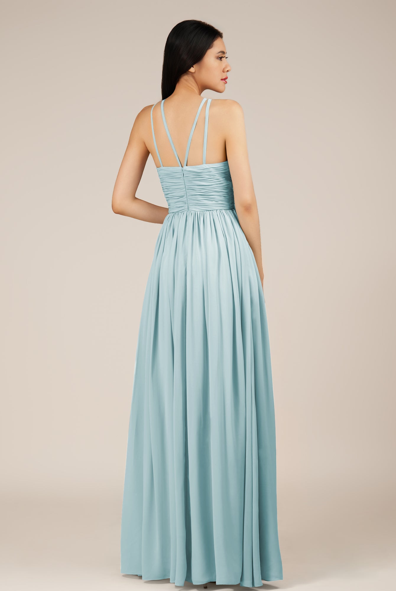 KissDress-Orinthia Sky Blue A Line Halter Neck Chiffon Long Bridesmaid Dress with Pleats