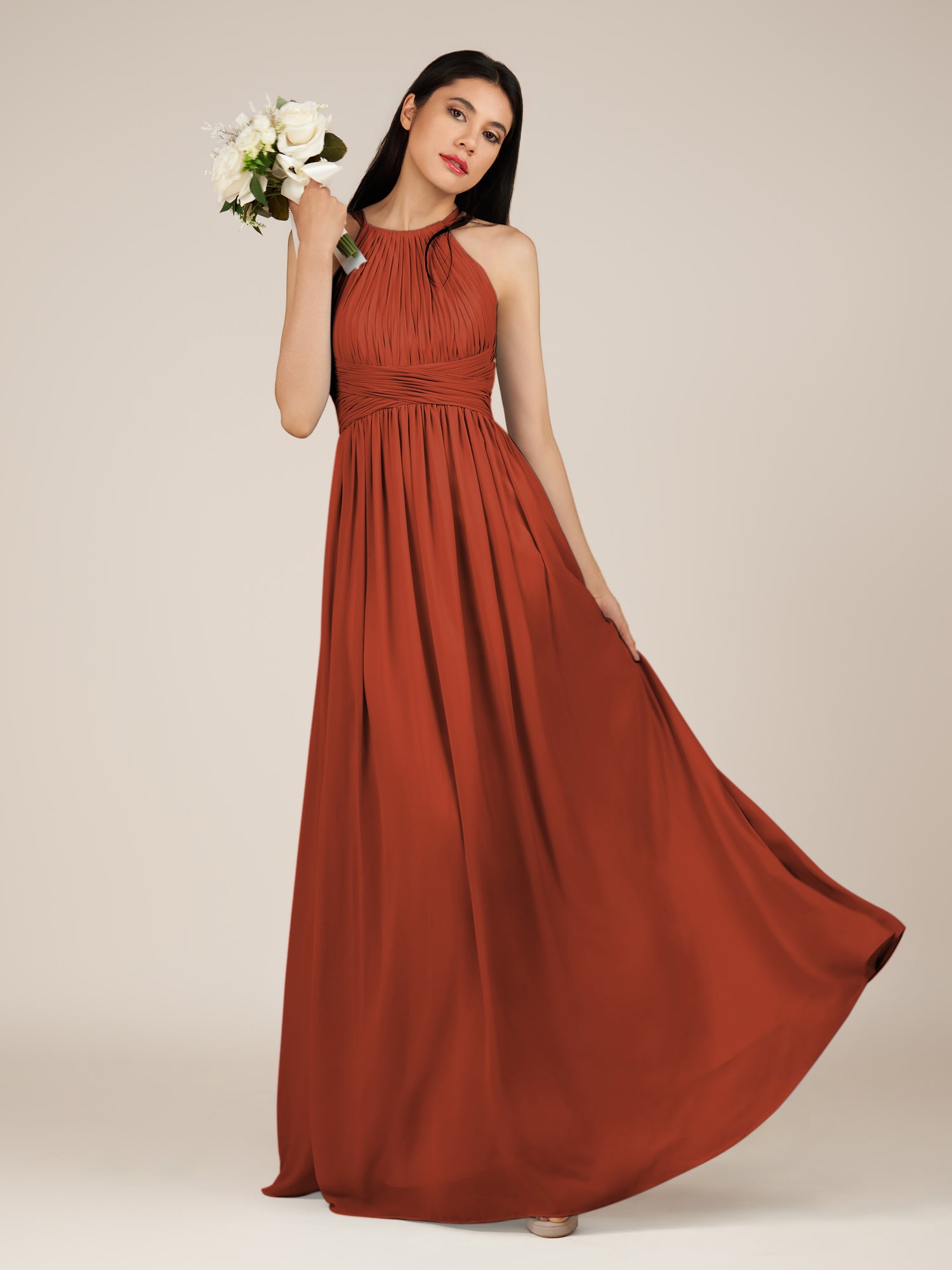 KissDress-Orinthia Spice A Line Halter Neck Chiffon Long Bridesmaid Dress with Pleats