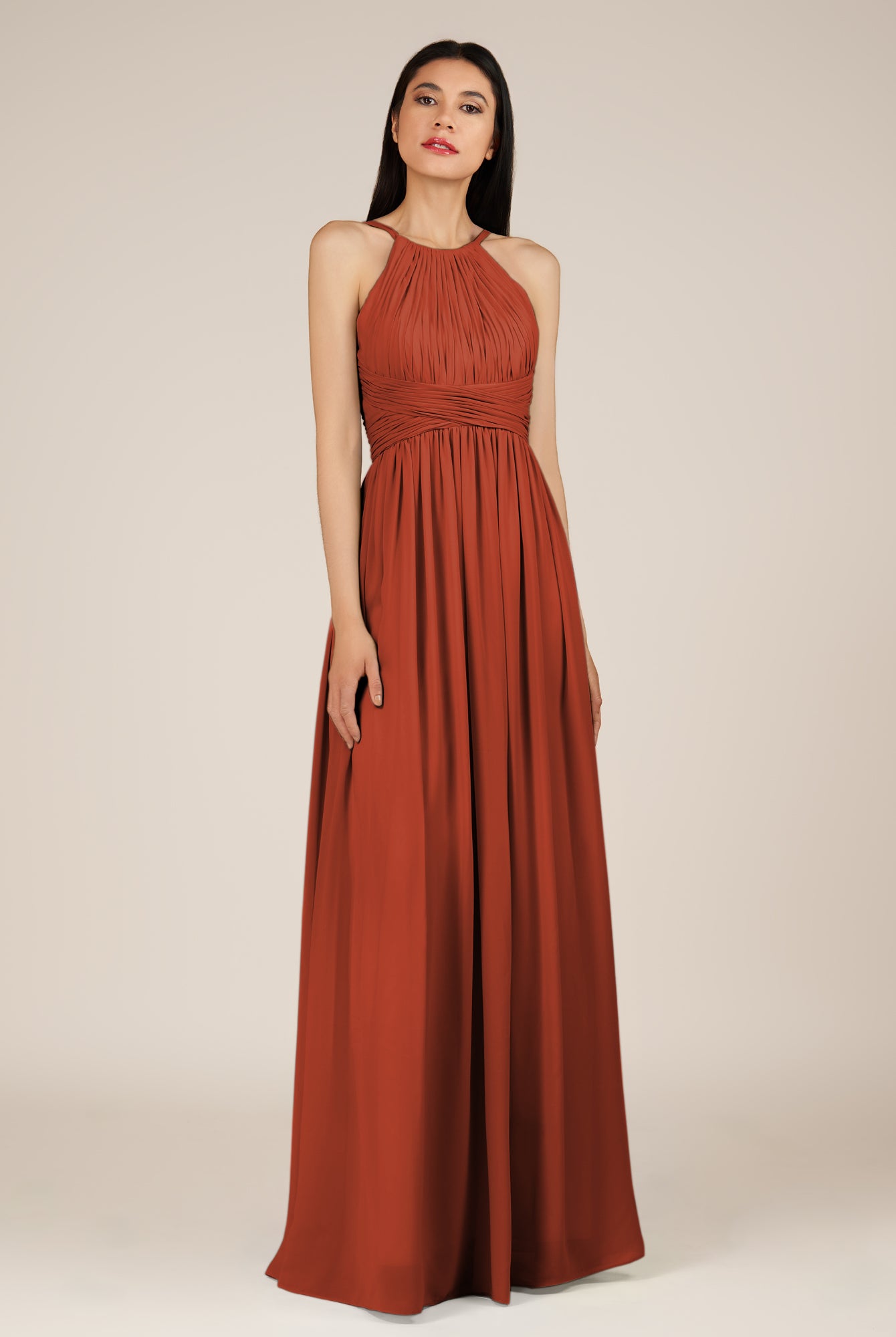 KissDress-Orinthia Spice A Line Halter Neck Chiffon Long Bridesmaid Dress with Pleats