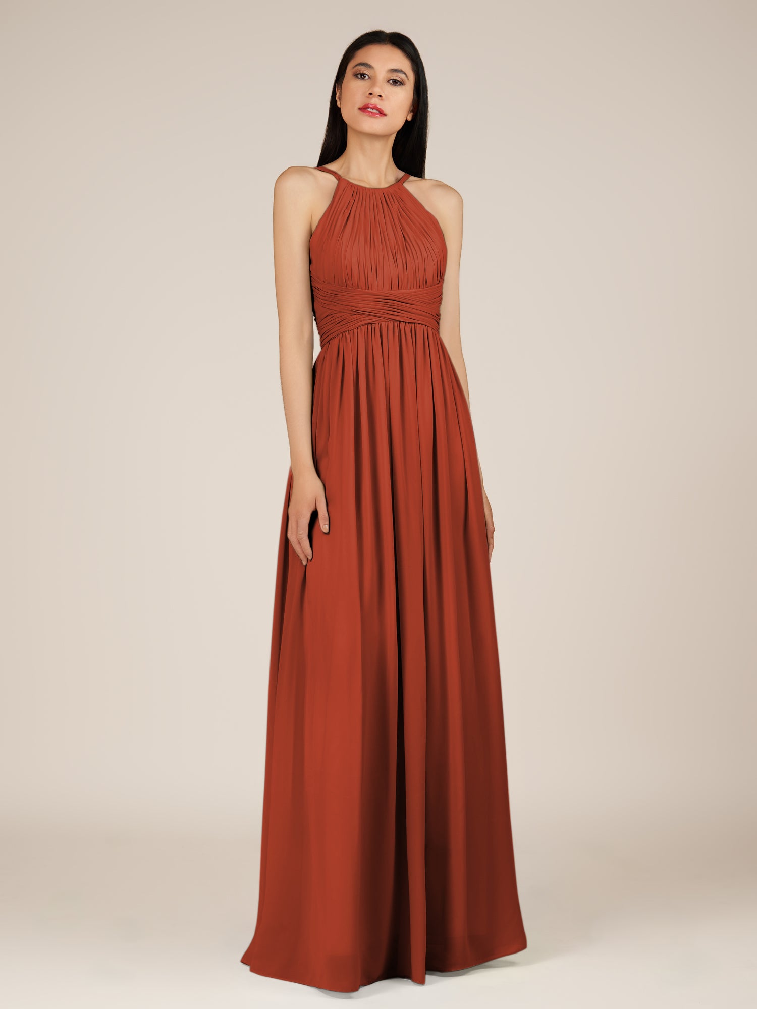 KissDress-Orinthia Spice A Line Halter Neck Chiffon Long Bridesmaid Dress with Pleats