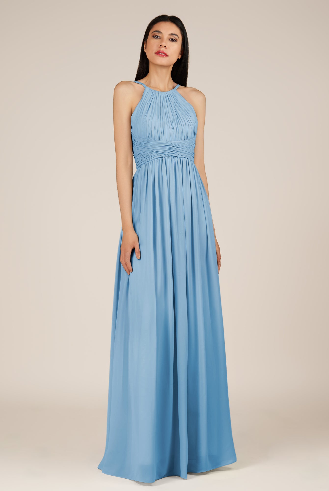 KissDress-Orinthia Steel Blue A Line Halter Neck Chiffon Long Bridesmaid Dress with Pleats