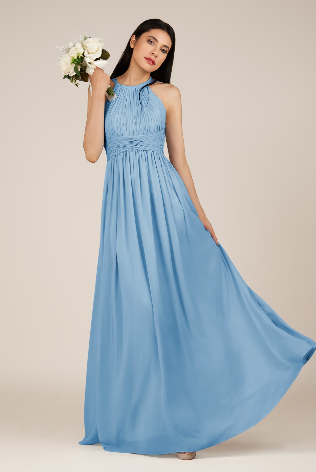 KissDress-Orinthia Steel Blue A Line Halter Neck Chiffon Long Bridesmaid Dress with Pleats