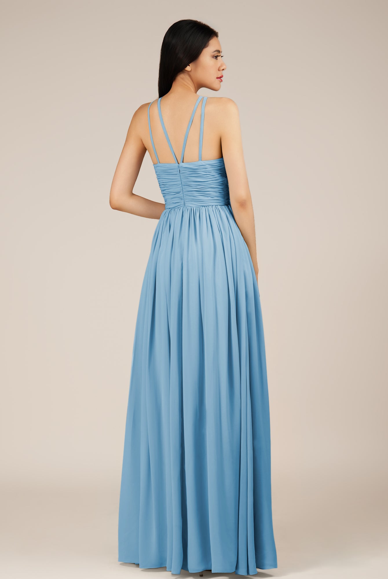 KissDress-Orinthia Steel Blue A Line Halter Neck Chiffon Long Bridesmaid Dress with Pleats
