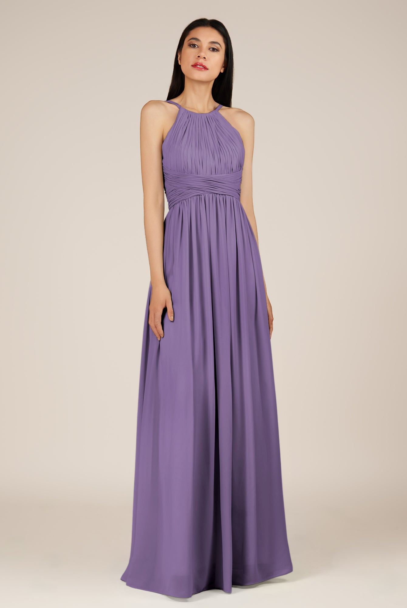 KissDress-Orinthia Tahiti A Line Halter Neck Chiffon Long Bridesmaid Dress with Pleats