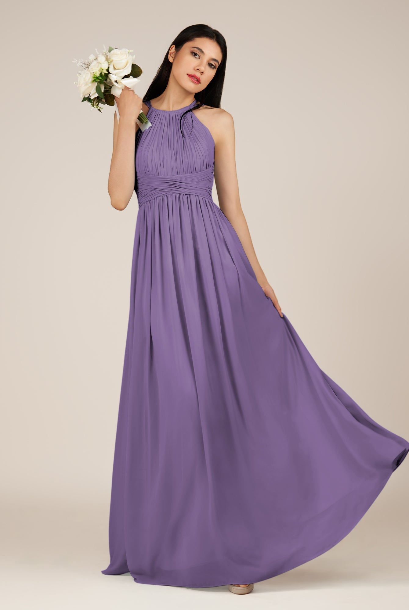 KissDress-Orinthia Tahiti A Line Halter Neck Chiffon Long Bridesmaid Dress with Pleats