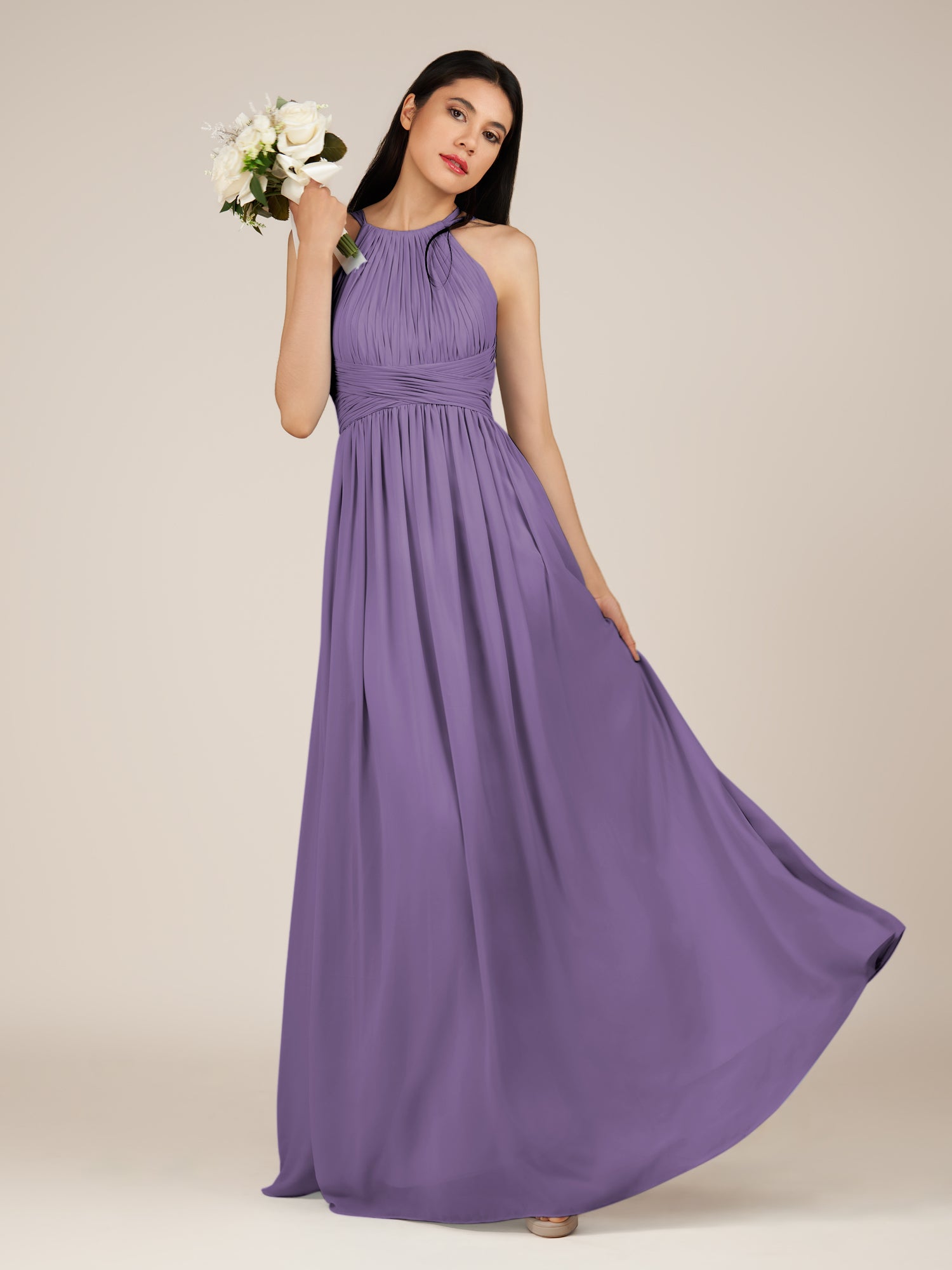 KissDress-Orinthia Tahiti A Line Halter Neck Chiffon Long Bridesmaid Dress with Pleats
