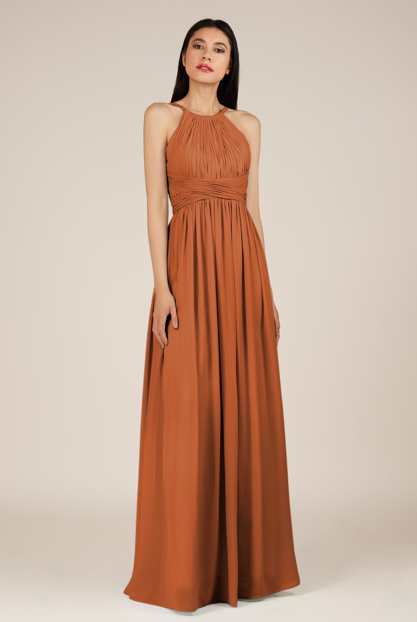 KissDress-Orinthia Terracotta A Line Halter Neck Chiffon Long Bridesmaid Dress with Pleats
