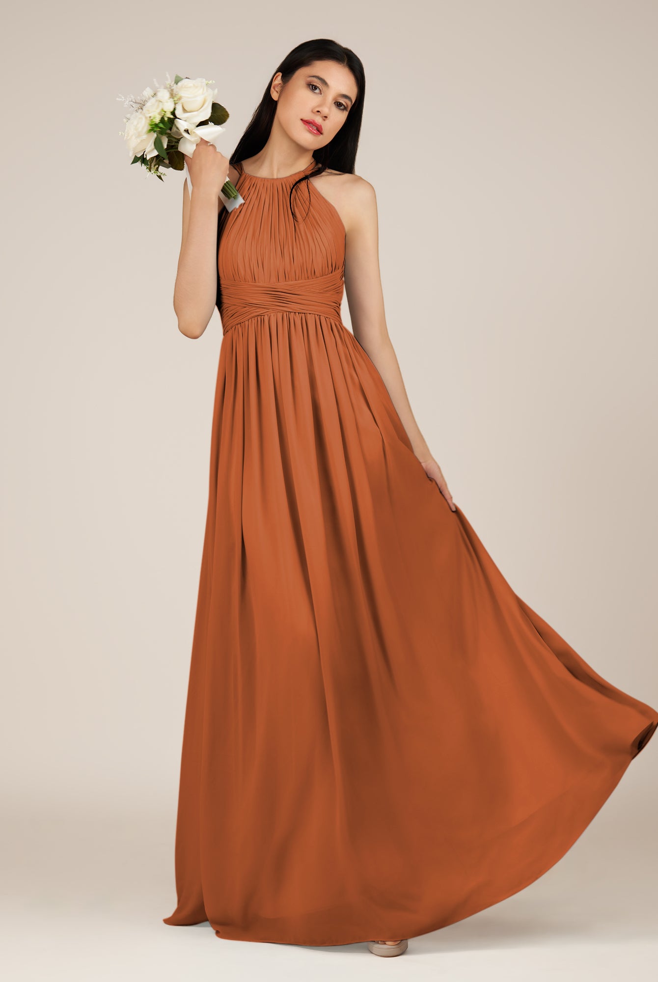 KissDress-Orinthia Terracotta A Line Halter Neck Chiffon Long Bridesmaid Dress with Pleats