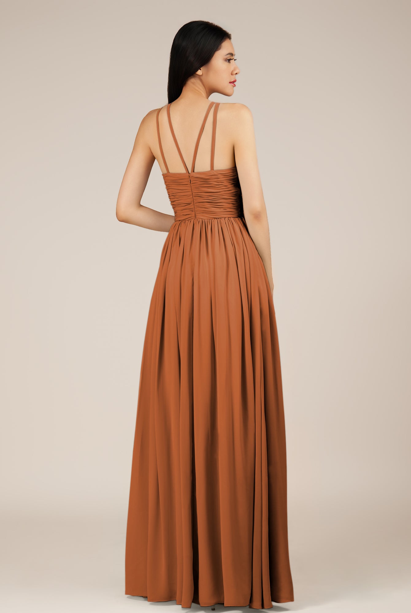 KissDress-Orinthia Terracotta A Line Halter Neck Chiffon Long Bridesmaid Dress with Pleats