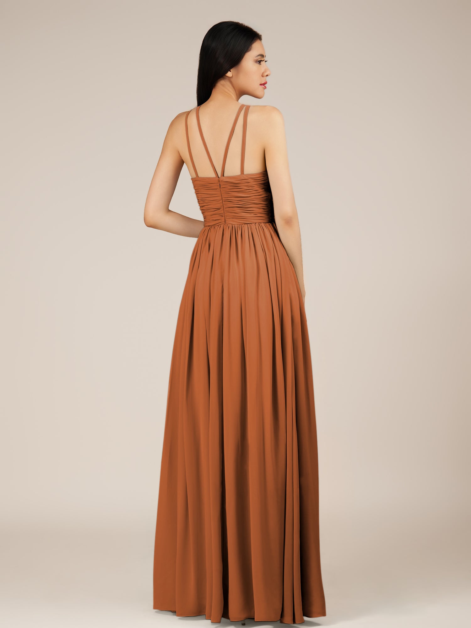 KissDress-Orinthia Terracotta A Line Halter Neck Chiffon Long Bridesmaid Dress with Pleats