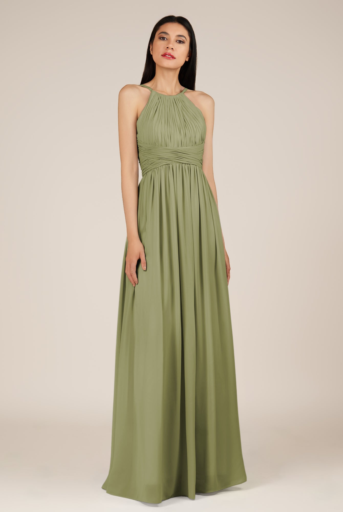 KissDress-Orinthia Thyme A Line Halter Neck Chiffon Long Bridesmaid Dress with Pleats
