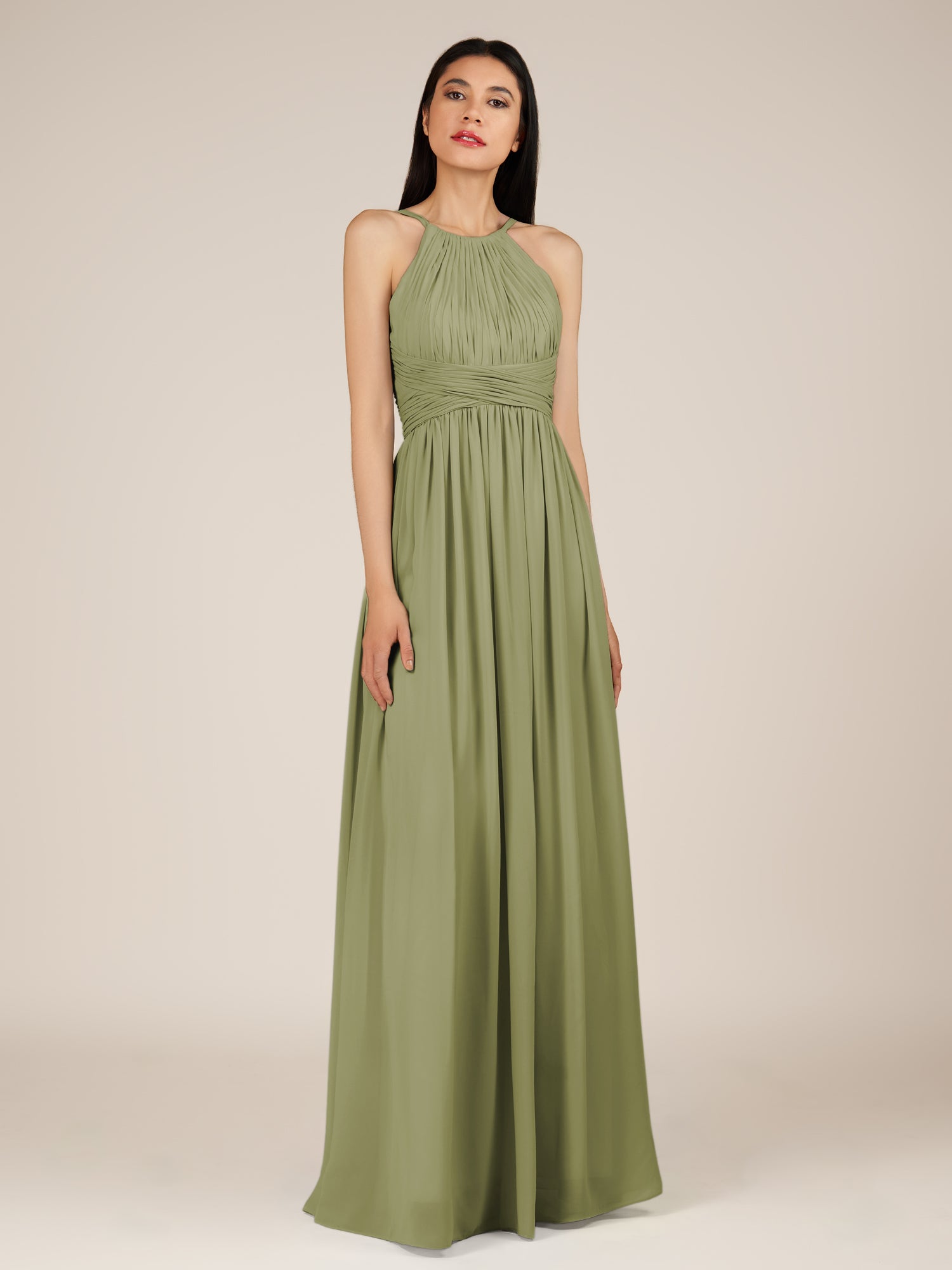 KissDress-Orinthia Thyme A Line Halter Neck Chiffon Long Bridesmaid Dress with Pleats
