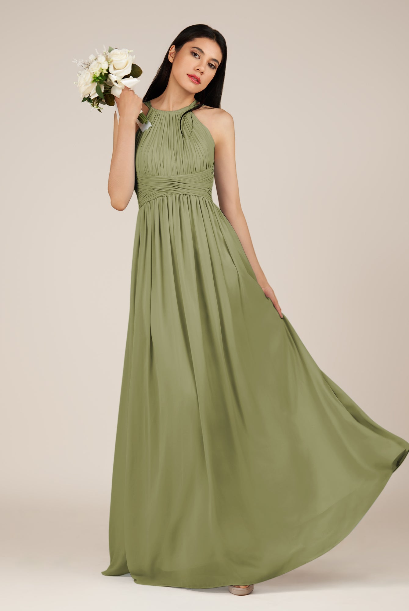 KissDress-Orinthia Thyme A Line Halter Neck Chiffon Long Bridesmaid Dress with Pleats