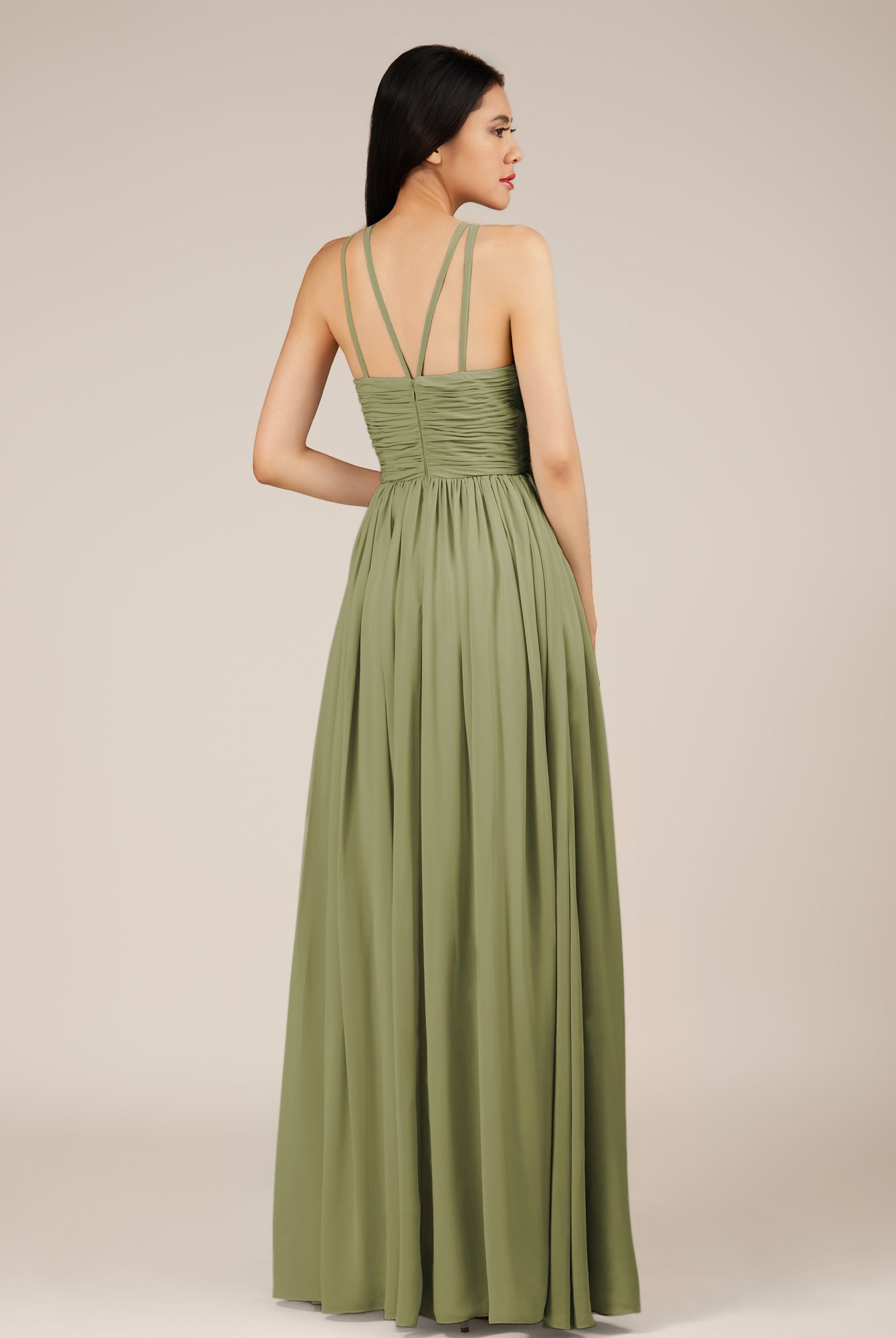 KissDress-Orinthia Thyme A Line Halter Neck Chiffon Long Bridesmaid Dress with Pleats