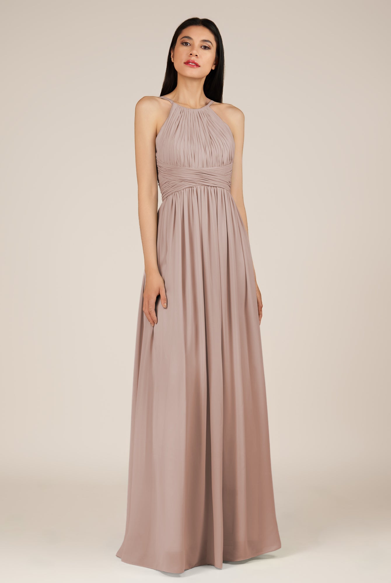KissDress-Orinthia Toffee A Line Halter Neck Chiffon Long Bridesmaid Dress with Pleats