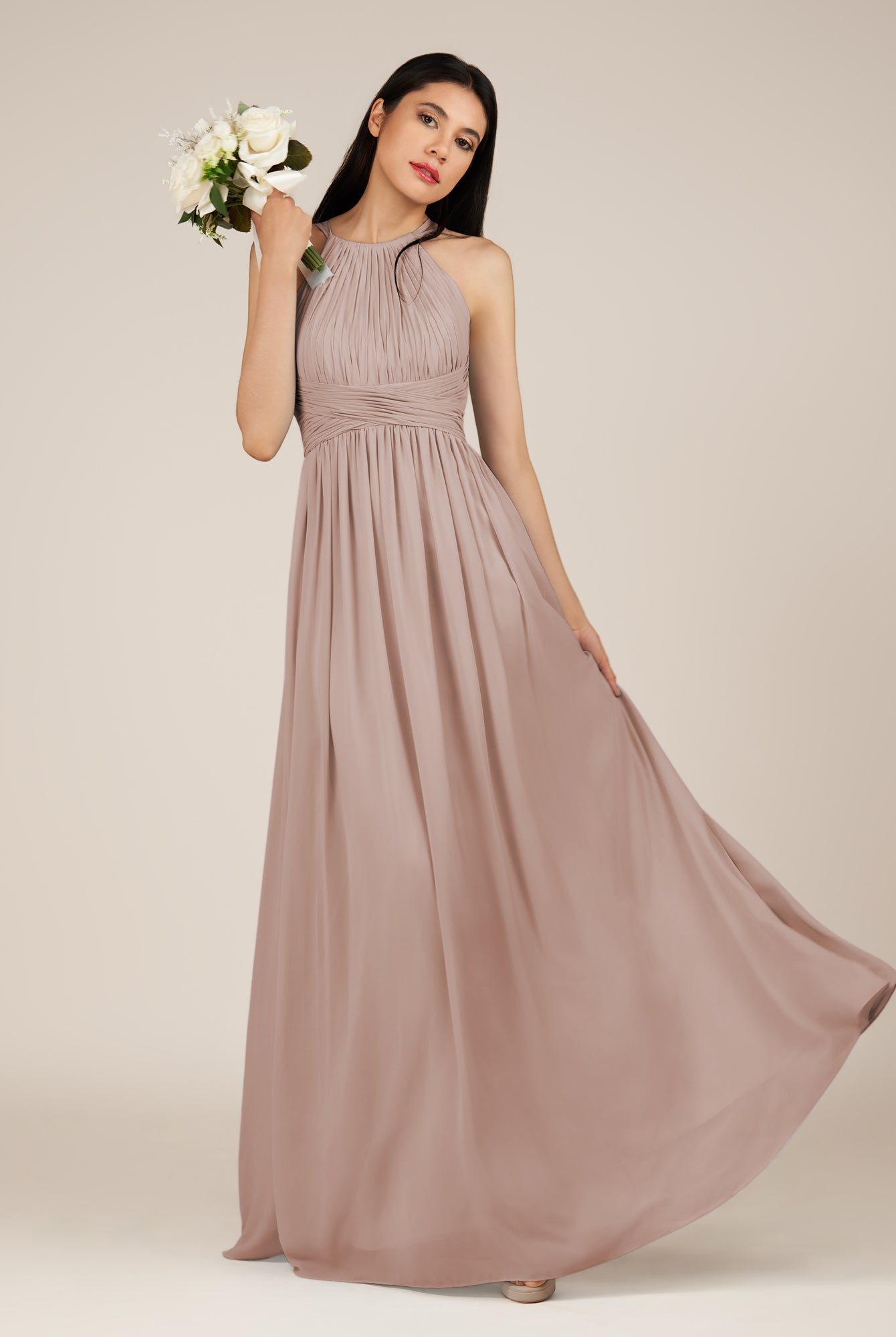 KissDress-Orinthia Toffee A Line Halter Neck Chiffon Long Bridesmaid Dress with Pleats