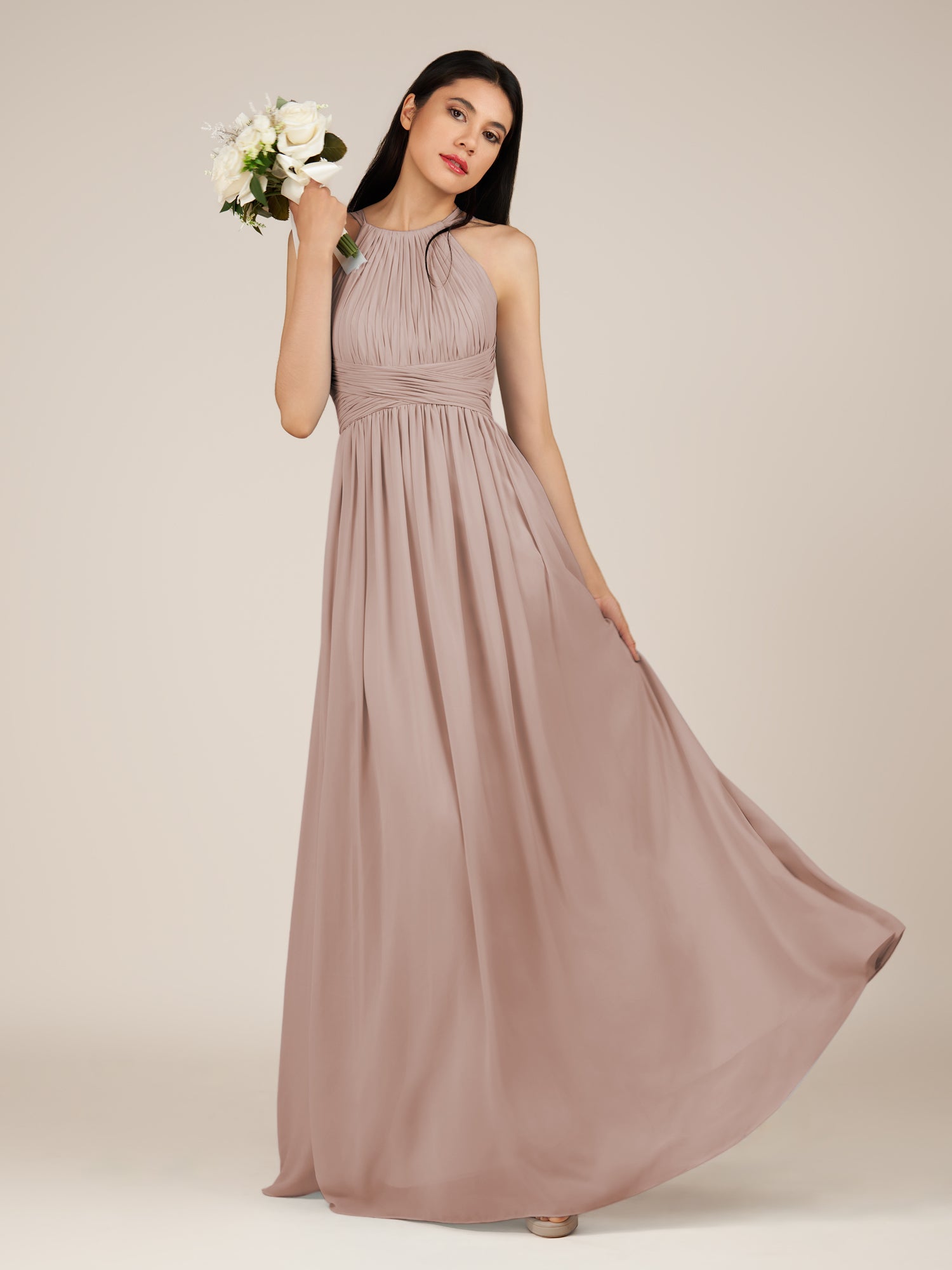 KissDress-Orinthia Toffee A Line Halter Neck Chiffon Long Bridesmaid Dress with Pleats